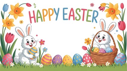 Cute Happy Easter Greeting Card with Bunny and Eggs