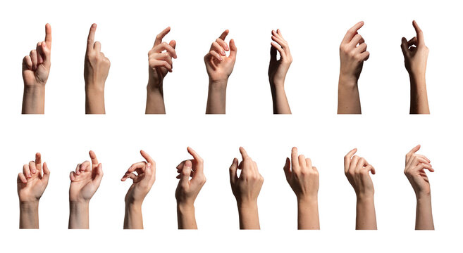Arm gesture collection. Female hand showing different finger movements, index pointing, touching, clicking, picking, choosing, pose for advertising and communication. Isolated on white background..