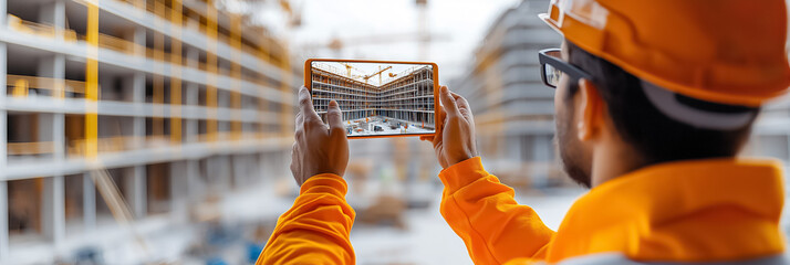 Construction worker holding tablet to capture ongoing building progress. Busy construction site with cranes and scaffolding in background. Concept of construction, engineering, project management