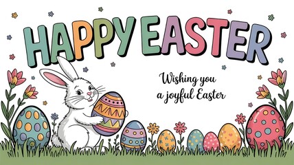 Cute Happy Easter Greeting Card with Bunny and Eggs