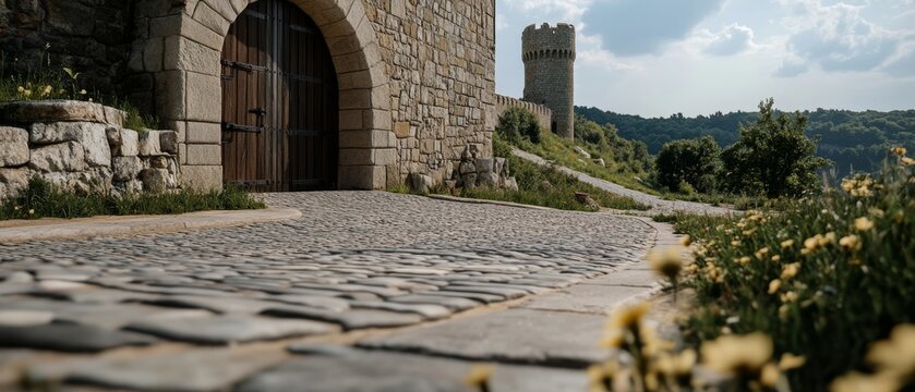 A serene medieval stone path leads to an ancient castle gate, surrounded by wildflowers, under a vast blue sky.