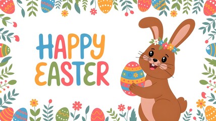 Cute Happy Easter Greeting Card with Bunny and Eggs