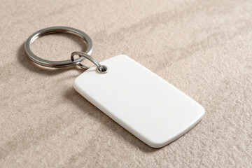 A simple, modern plastic keychain mockup with a blank surface, ideal for branding, custom designs, promotional merchandise, and product presentation