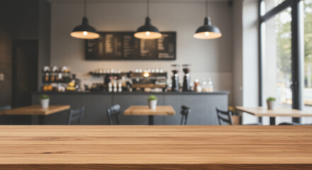  Coffee Shop Tabletop: Wooden Counter in Cafe Interior - Perfect for Food & Product Mockups, Backgrounds, or Presentation