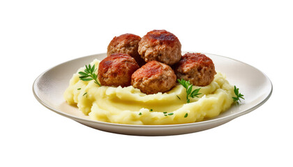 Savory meatballs on creamy mashed potatoes, perfect for comfort food packaging design.