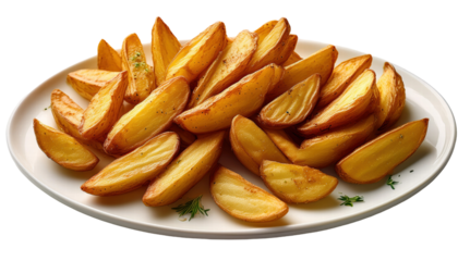 Golden, crispy potato wedges on a white platter, perfect for gourmet dining or enticing food packaging design.