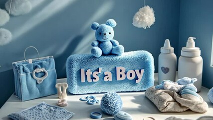 Large 3D "It's a Boy" text on a blue background with children's toys around