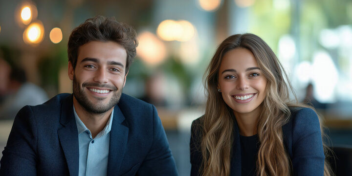 Attractive man and woman of European appearance 29 years old sitting at the table in the office and smiling in a modern office. Concept of work in the office