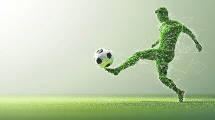 Dynamic soccer kick action futuristic field digital art sports side view energy and movement