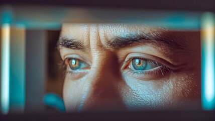 Intense gaze framed by neon glow. Close-up capturing focus and emotion in the eyes. Mystery in the depths, staring intently ahead.