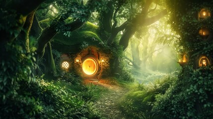 Enchanting Forest Home - Magical hobbit-like home nestled in a lush, mystical forest, glowing warmly. Path leads to its round door