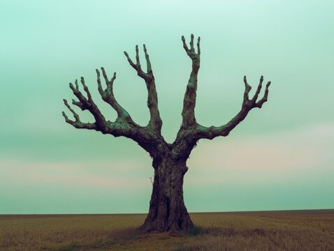 Surreal tree with human hand-shaped branches
