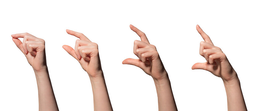 Hand collection. Female hand making open or close position, showing gesture to hold, touch, take, clutch or handle small or big object, promoting product or action. Isolated on white background..