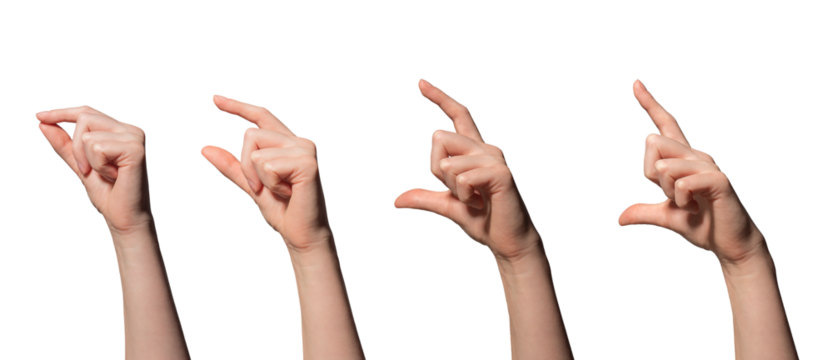 Hand collection. Female hand making open or close position, showing gesture to hold, touch, take, clutch or handle small or big object, promoting product or action. Isolated on white background..