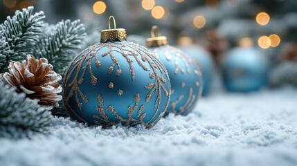 Festive blue ornaments on snowy ground