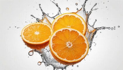 Three orange slices submerged in water, creating a vibrant splash against a white background. The oranges are juicy and ripe, with visible segments