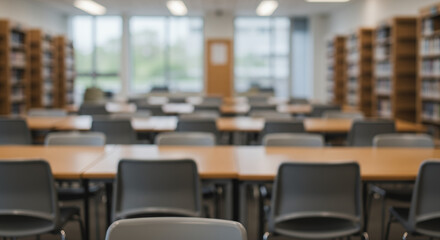Empty Library Study Space: Tables, Chairs, Bookshelves. Serene Learning Environment & Academic Resources for Research & Student Success