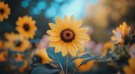 Naklejka premium Sunflower Blooms in a Vibrant Field During Golden Hour Near a Tranquil Landscape
