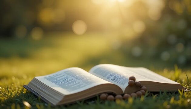 Open book with rosary beads on green grass in sunlight