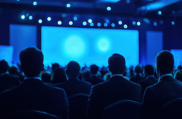 Audience at conference with blue lighting, large screens. People attend presentation, business meeting, corporate seminar, pro lecture in auditorium. Attendees listen to speaker, participate in