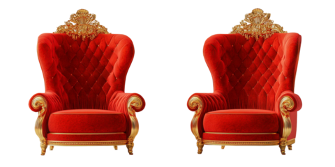 Elegant red velvet armchairs with ornate gold details, luxurious seating for upscale decor, vintage style for interior design or event planning
