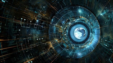 Global Network Connectivity - Futuristic tunnel with Earth at its center, symbolizing global interconnectedness and data flow