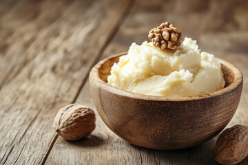 Luxurious shea butter scoop beside whole shea nuts on rustic wood 
