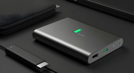 Charging Portable Power Bank with Cable on a Desk Surface
