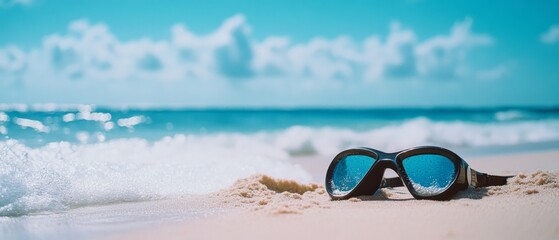 Black swimming goggles rest on the sandy beach as waves gently approach, embodying the allure of summer days by the sea.