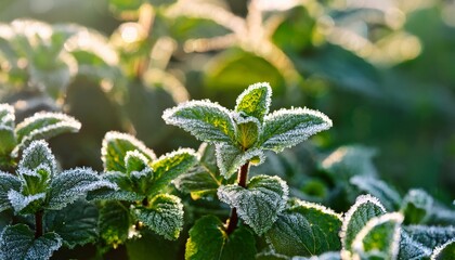 frosty mint in nature cold morning mint leaves are tipped with frozen dew on a cold winter morning