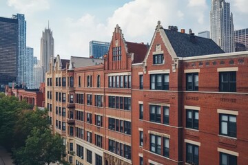 Fototapeta premium A row of red brick buildings standing tall in the middle of a bustling city Depict the diversity of architectural styles that define Chicagos unique skyline .