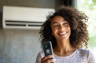 Smiling woman with remote control enjoys cool air from mini split conditioning system. Hot summer weather indoor comfort, modern climate control, efficient home temperature solution.
