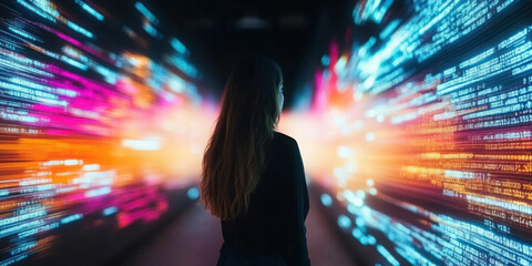 Immersive Digital Landscape Next-Gen Tech Visualization of Gen Z Professional Navigating Dynamic Data Streams - Futuristic Innovation and Experiential Marketing Insight