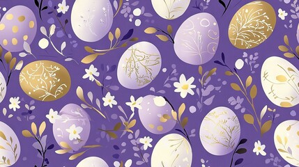   A photo of a patterned egg-shaped design on a purple background, featuring gold and white foliage