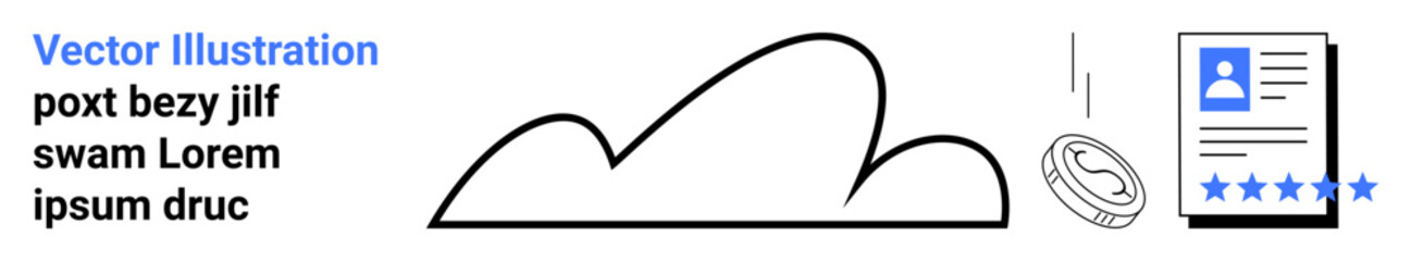 Cloud shape paired with user profile, coin, and ratings elements suggesting digital services, data storage, or online transactions. Ideal for finance, technology, security, profiles reviews cloud