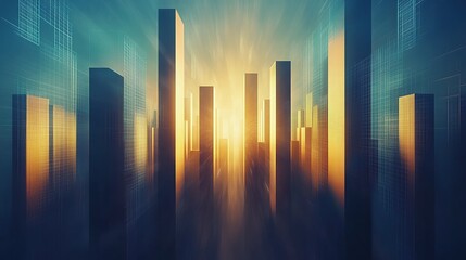 Abstract silhouette of stacked financial bar charts extending upward into a glowing background of subtle light gradients