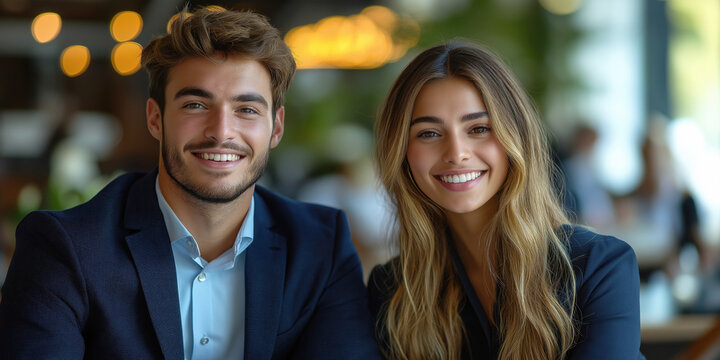 Young man and woman of European appearance 29 years old sitting at the table in the office and smiling in a modern office. Concept of work in the office