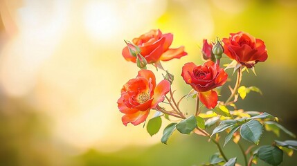   A close-up of red roses on a sunny day, with blurred background and green foliage