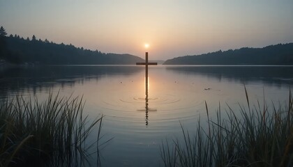 Fototapeta premium Cross silhouette on calm lake at sunrise with forest backdrop