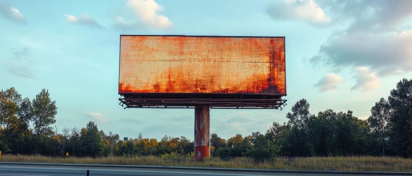 An aged billboard stands in a rural setting, evoking memories and the passage of time against the vibrant sky.