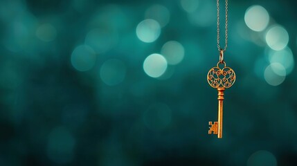   A golden key dangles from a chain on a blue background with pockets of light in the background
