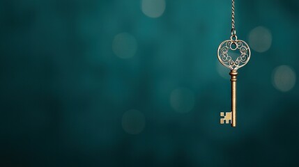  Golden key on blue background with reflected light in a bowl