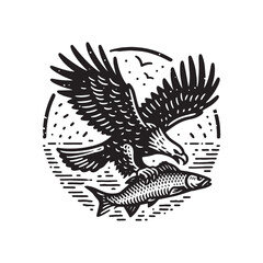 Simple Bald Eagle Catching Fish Vector Icon &ndash; Vintage Logo & Rustic Illustration