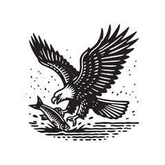 Simple Bald Eagle Catching Fish Vector Icon – Vintage Logo & Rustic Illustration