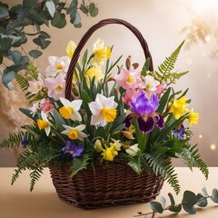 spring bouquet in a basket with multi-colored daffodils, viola and cherry