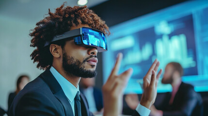 A business professional engages with colleagues by using augmented reality glasses to enhance collaboration and visualization during a meeting in a contemporary corporate environment.