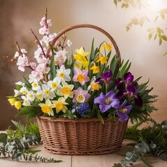 spring bouquet in a basket with multi-colored daffodils, viola and cherry