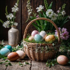 Easter card with colorful eggs in a wicker basket against a background of spring flowers