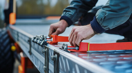 A driver is focused on adjusting the straps on a flatbed trailer to secure the cargo safely. The task takes place outdoors, showcasing a clear and sunny day.