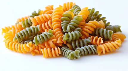 Naklejka premium A pile of tricolor rotini pasta in orange, green, and yellow, spiral shapes and crisp texture, ultra-HD, isolated on solid white background.